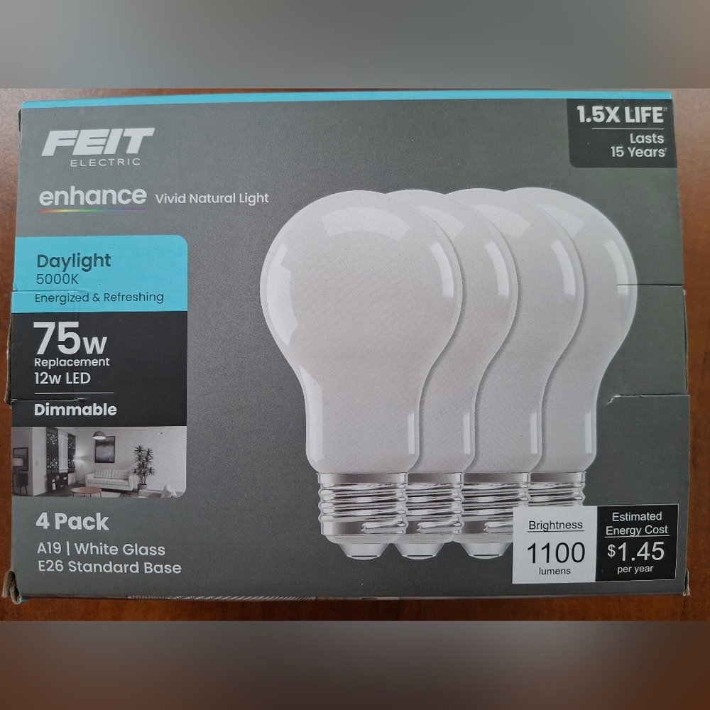 Feit A19 E26 (Med) Filament LED Bulb Daylight 75 Watt Equivalence 4 pK